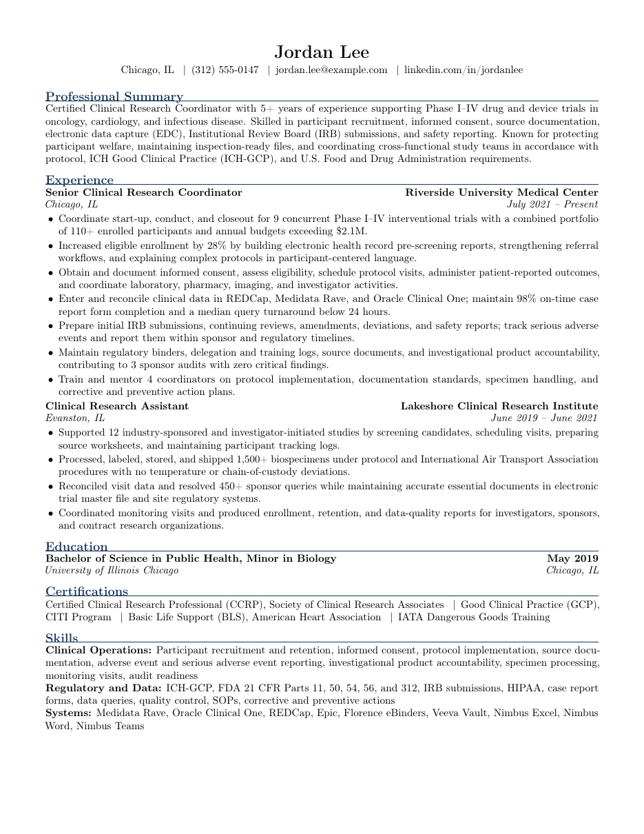 Clinical Research Coordinator Resume LaTeX template — first page preview