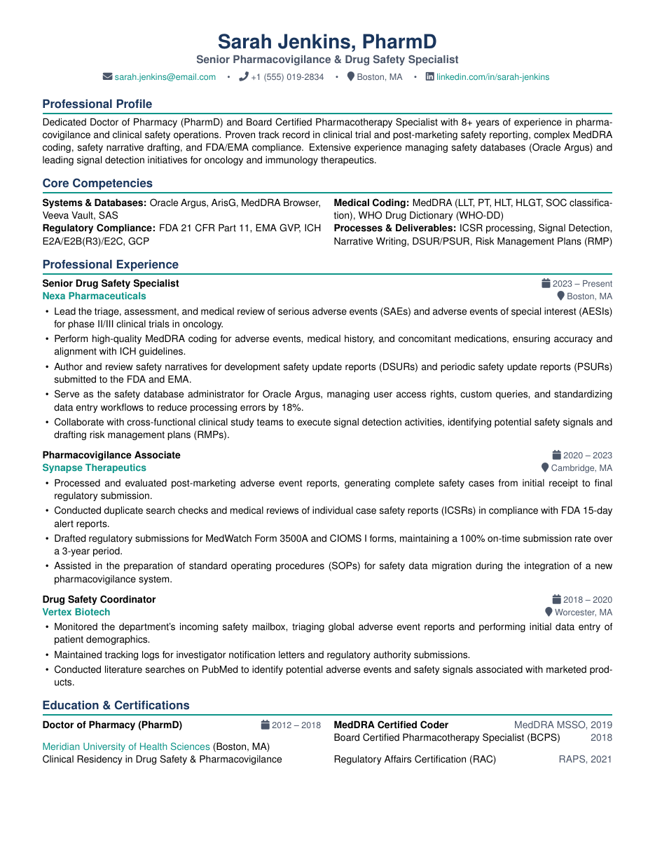 Pharmacovigilance Specialist Resume LaTeX template — first page preview
