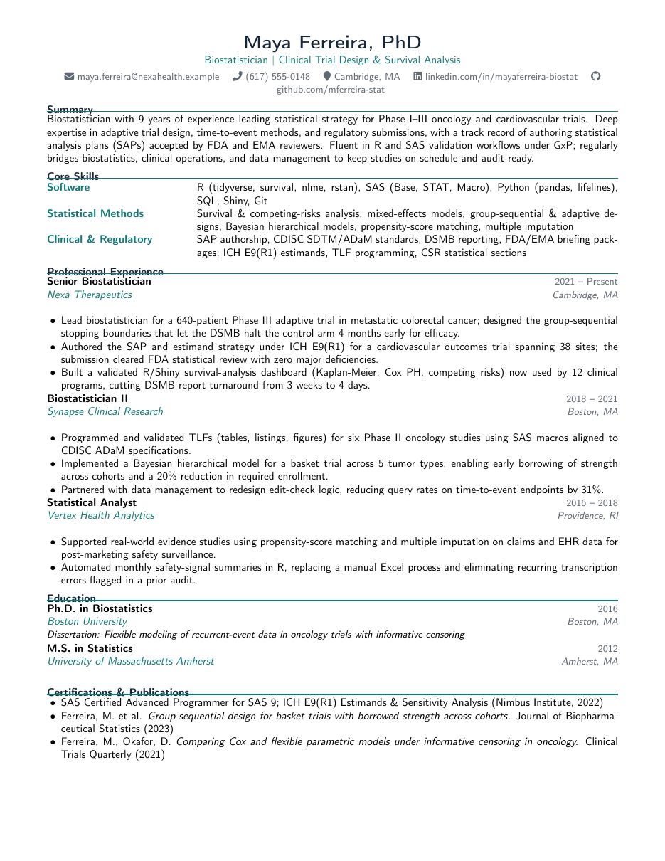 Biostatistician Resume LaTeX template — first page preview