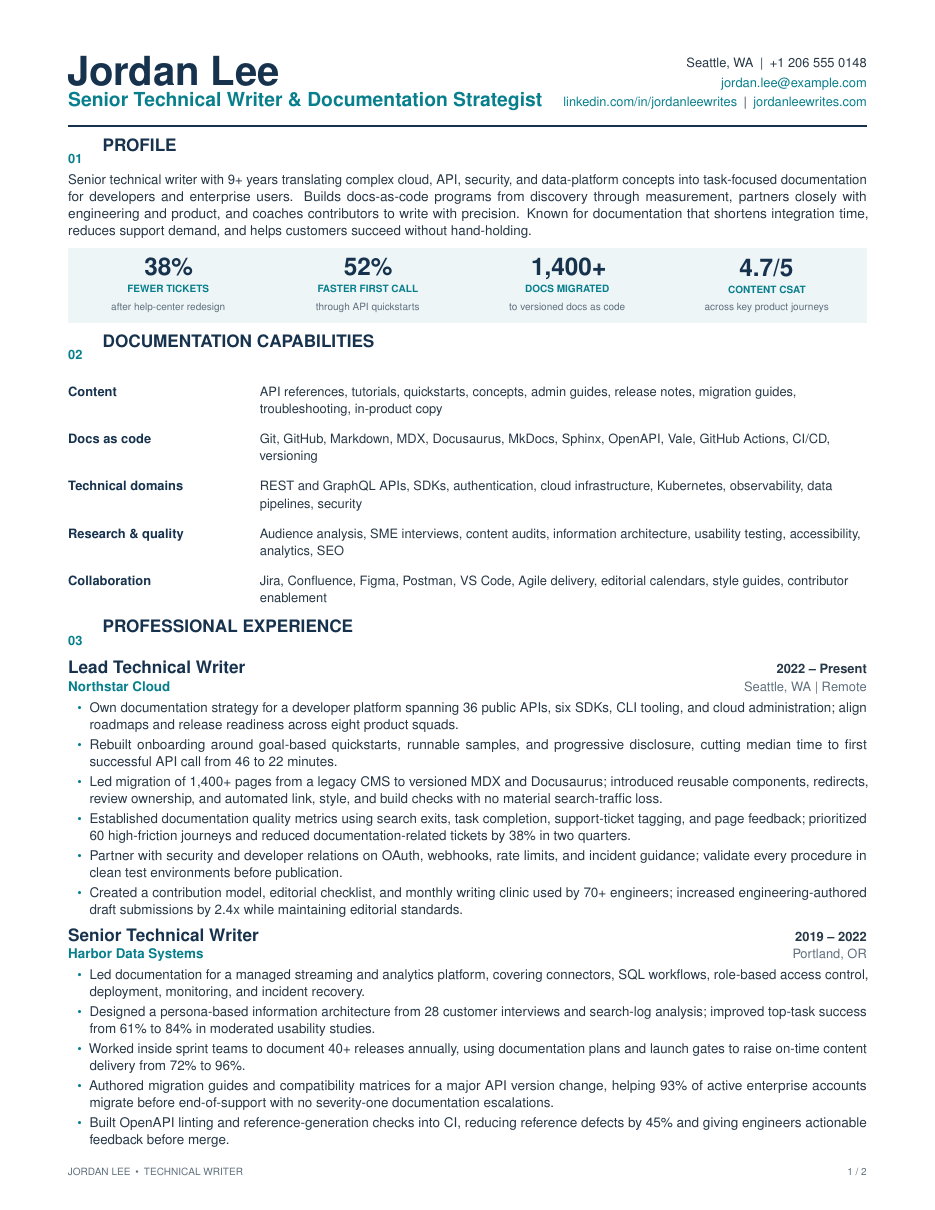 Technical Writer Resume LaTeX template — first page preview