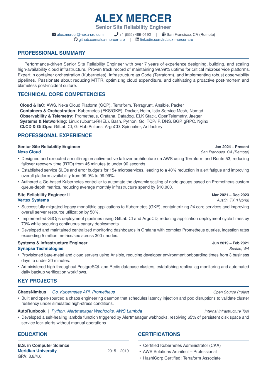 Site Reliability Engineer (SRE) Resume LaTeX template — first page preview