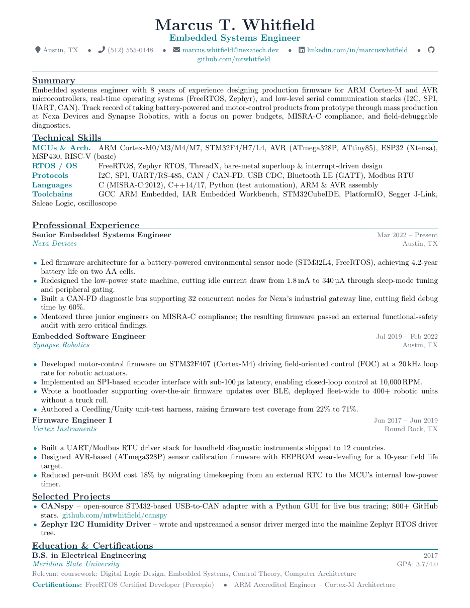 Embedded Systems Engineer Resume LaTeX template — first page preview