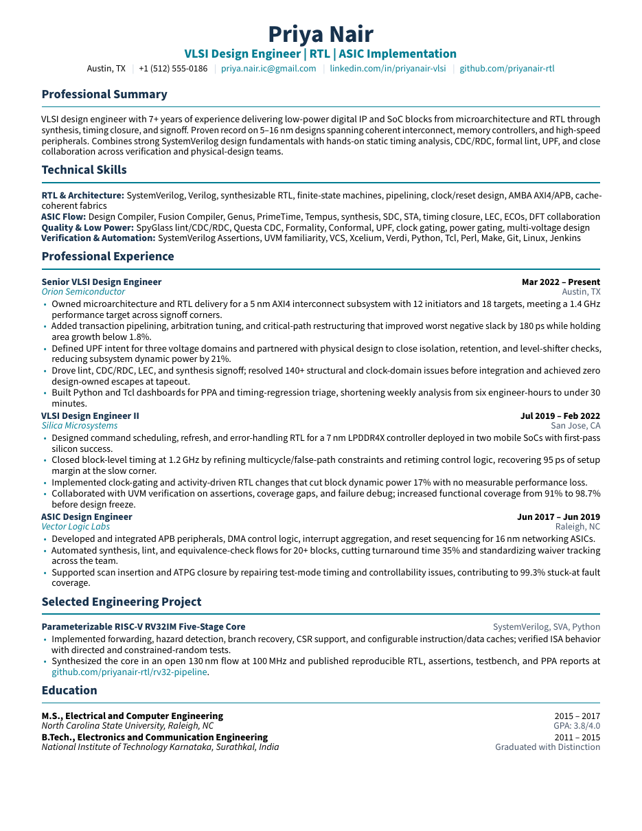 VLSI Design Engineer Resume LaTeX template — first page preview