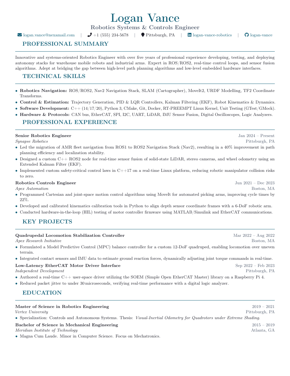 Robotics Engineer Resume LaTeX template — first page preview