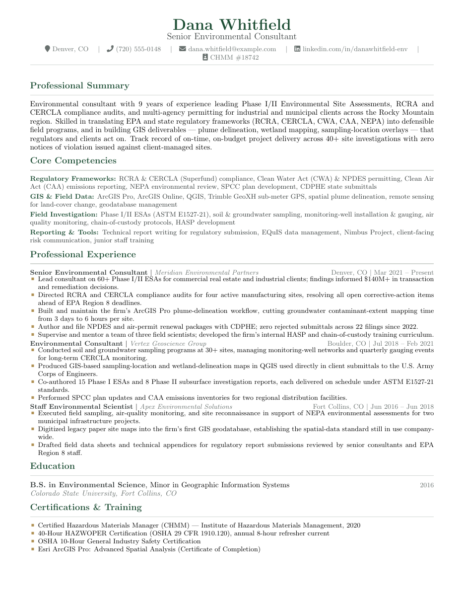 Environmental Consultant Resume LaTeX template — first page preview