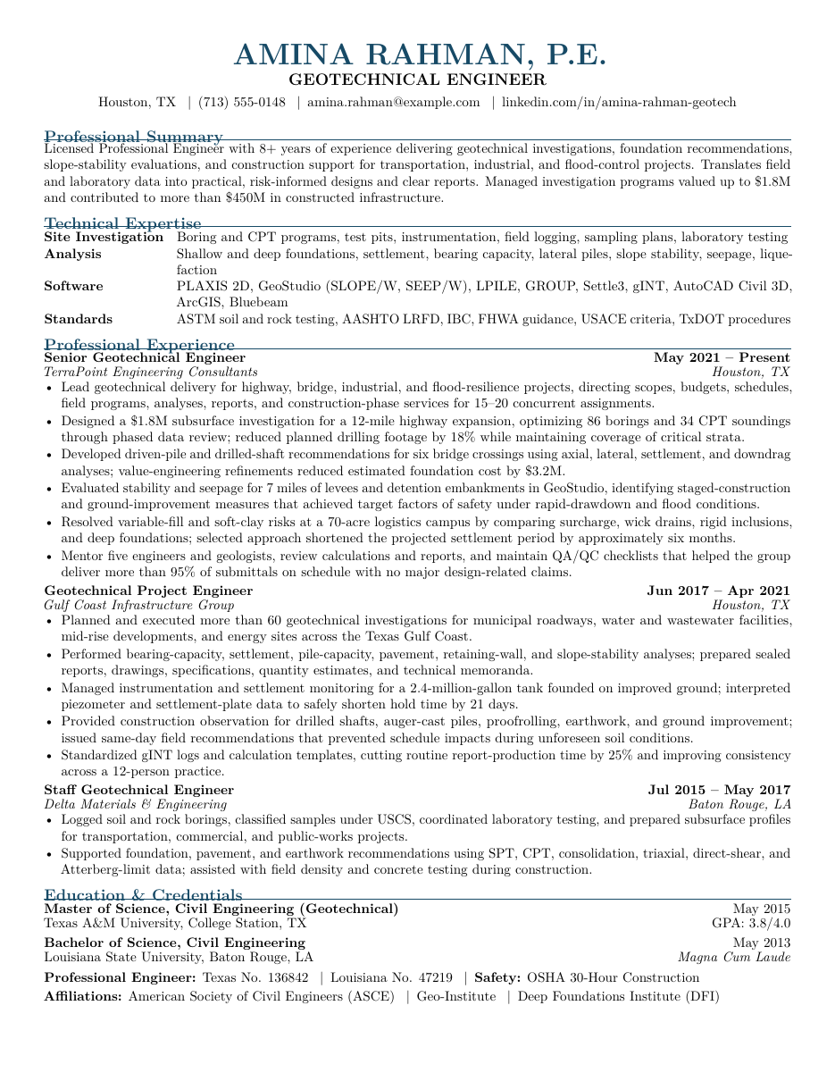 Geotechnical Engineer Resume LaTeX template — first page preview