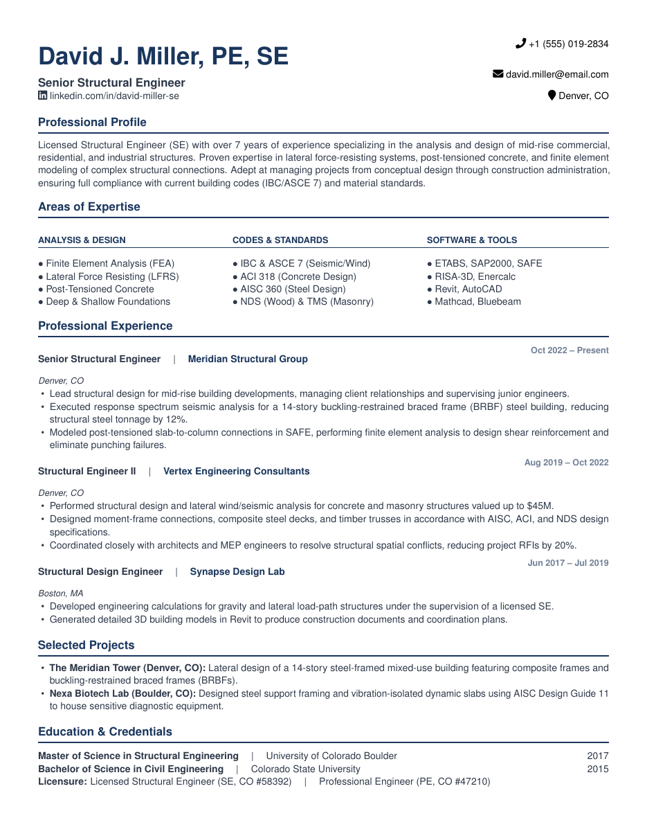 Structural Engineer Resume LaTeX template — first page preview