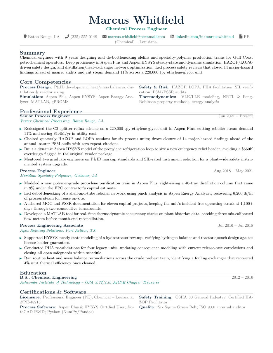 Chemical Engineer Resume LaTeX template — first page preview