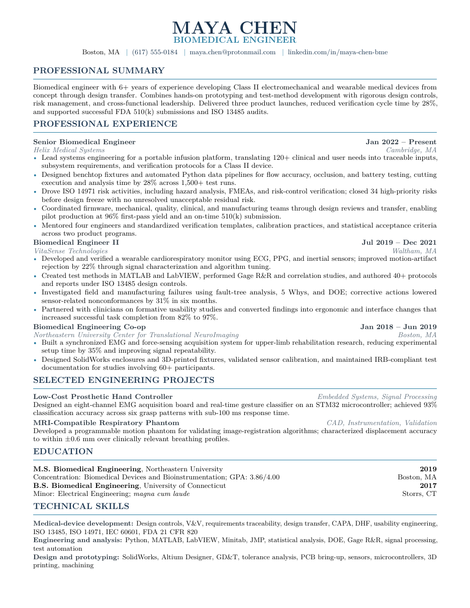Biomedical Engineer Resume LaTeX template — first page preview