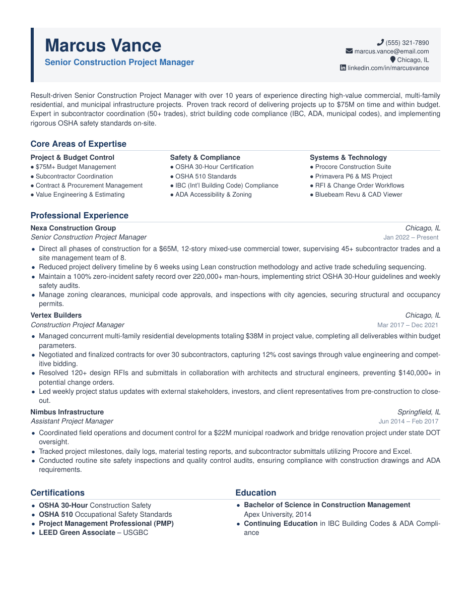 Construction Project Manager Resume LaTeX template — first page preview