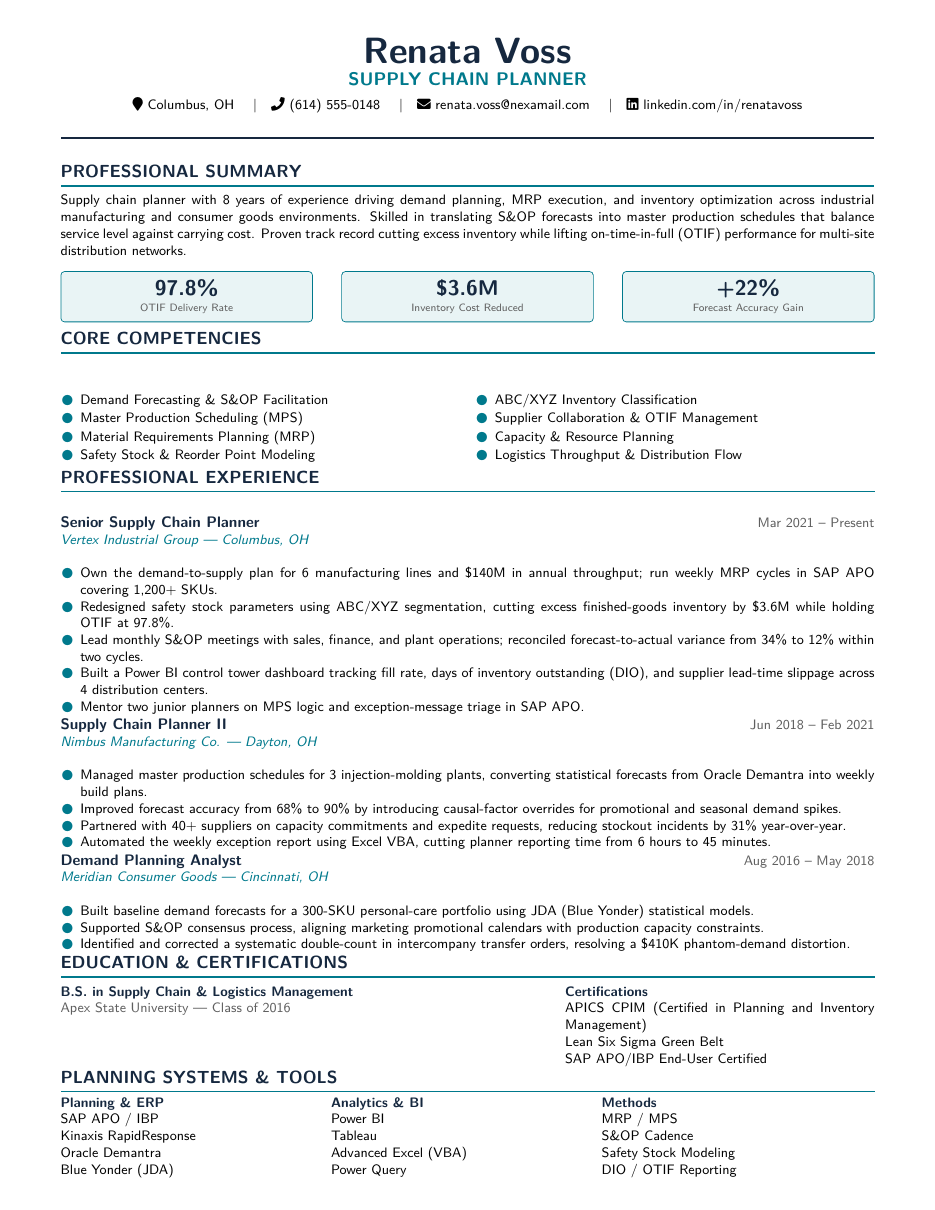 Supply Chain Planner Resume LaTeX template — first page preview