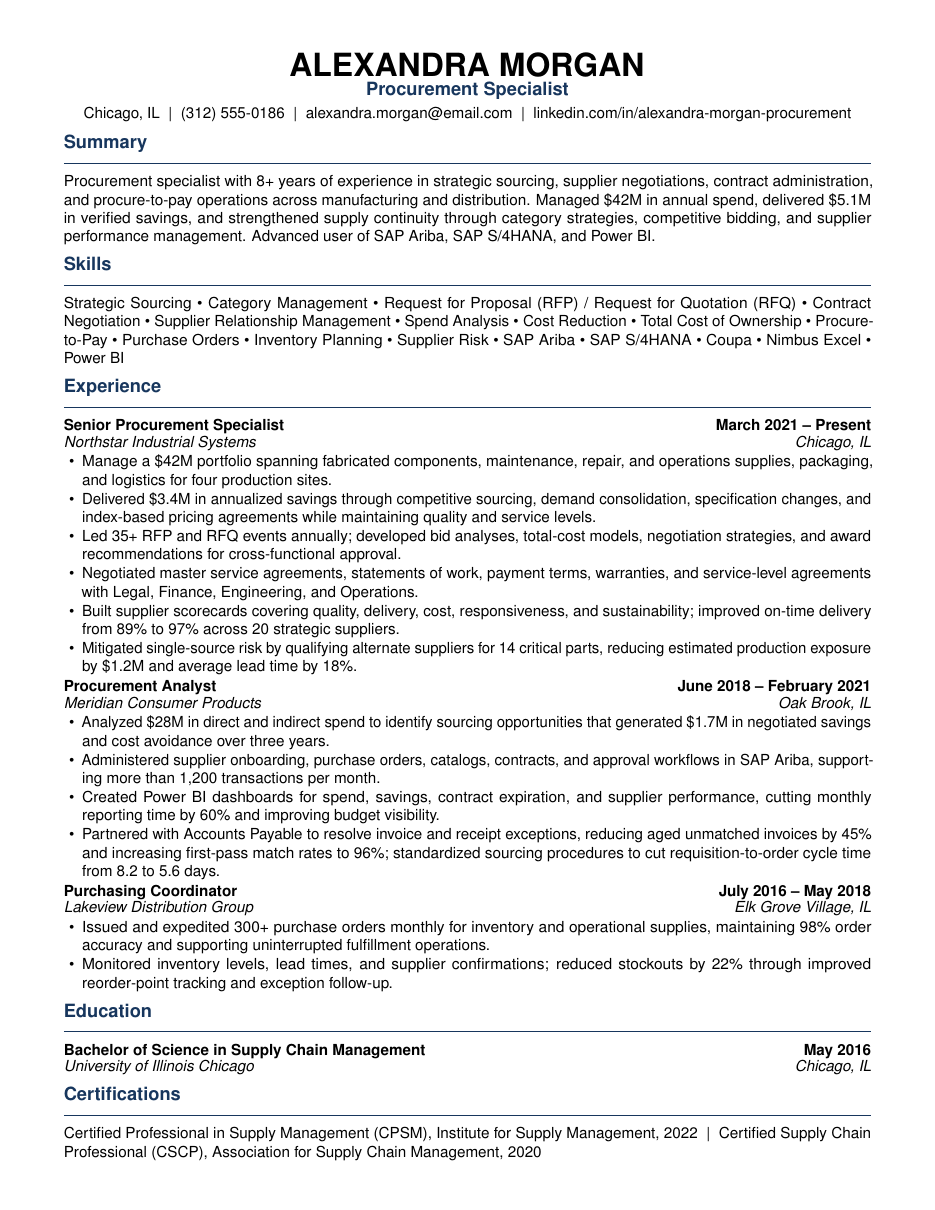 Procurement Specialist Resume LaTeX template — first page preview