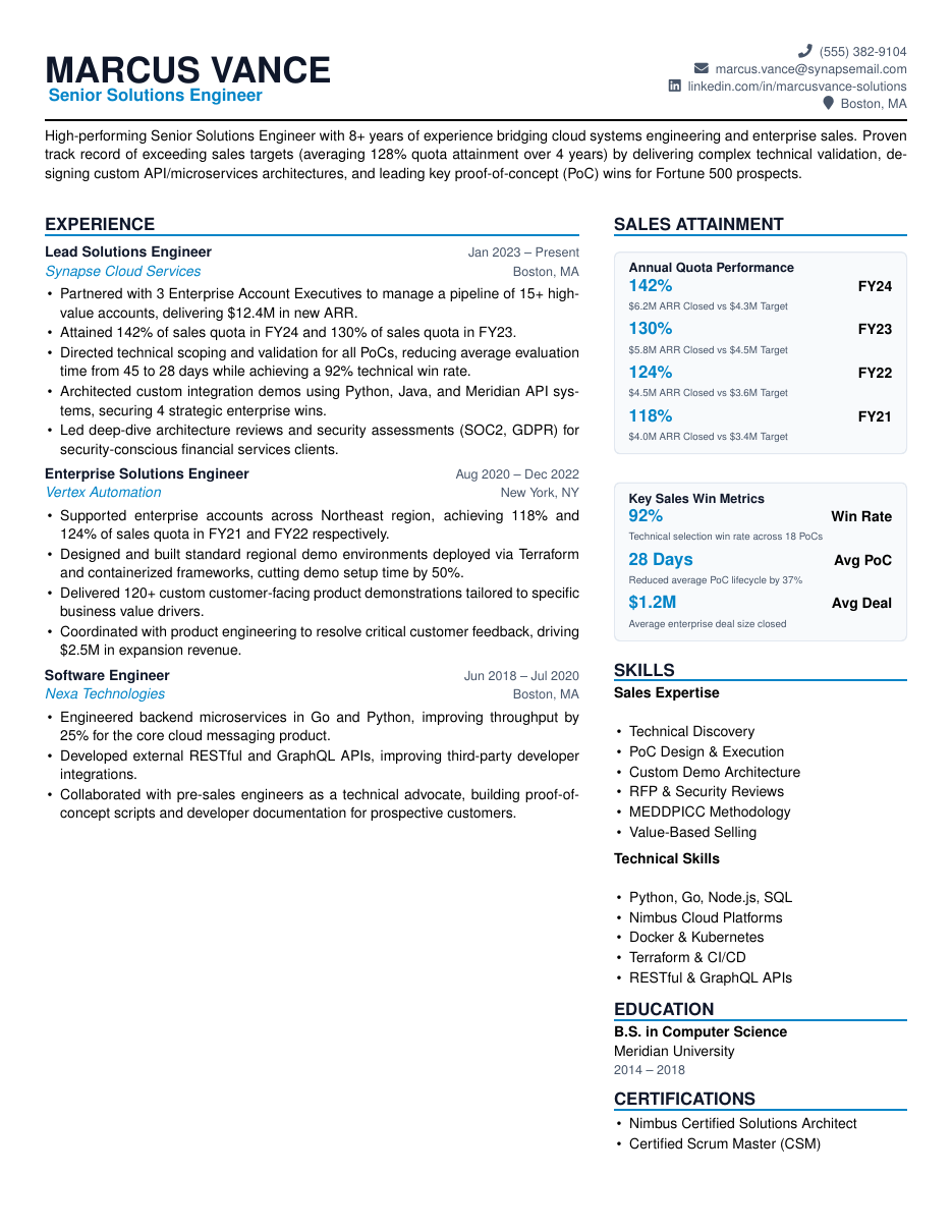 Sales Engineer Resume LaTeX template — first page preview