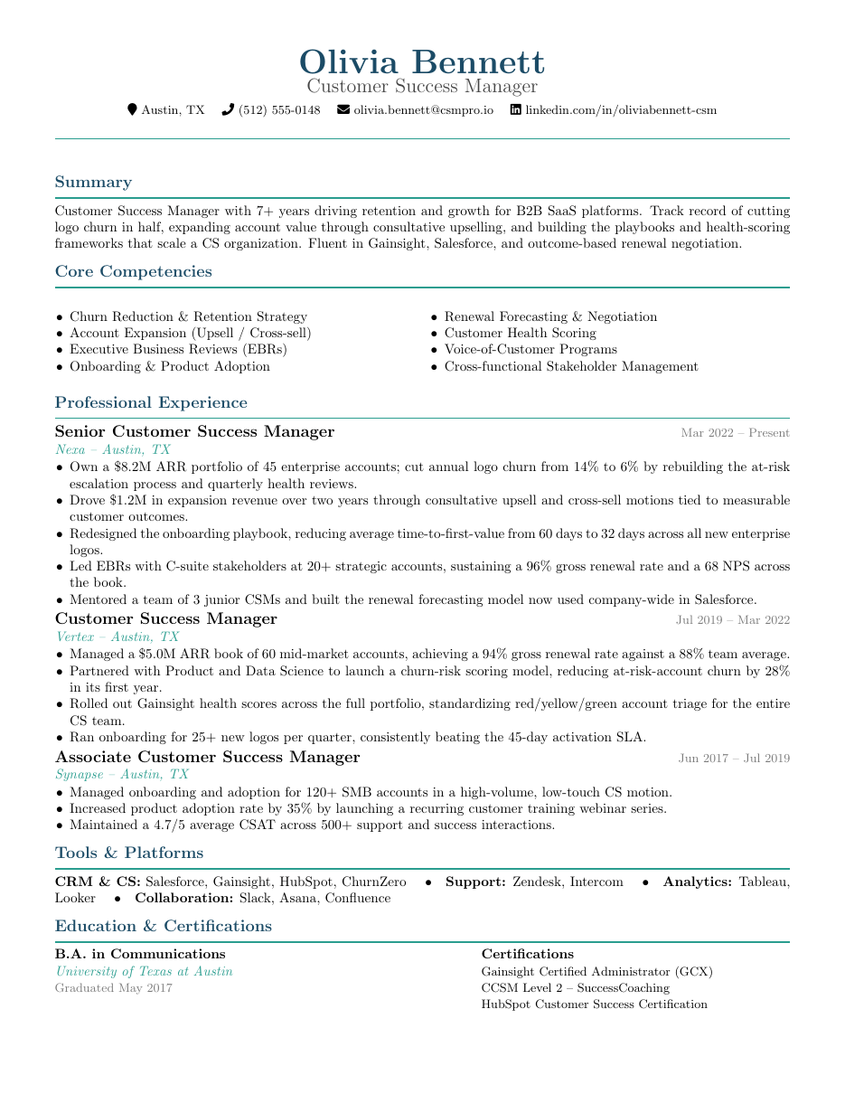 Customer Success Manager (CSM) Resume LaTeX template — first page preview