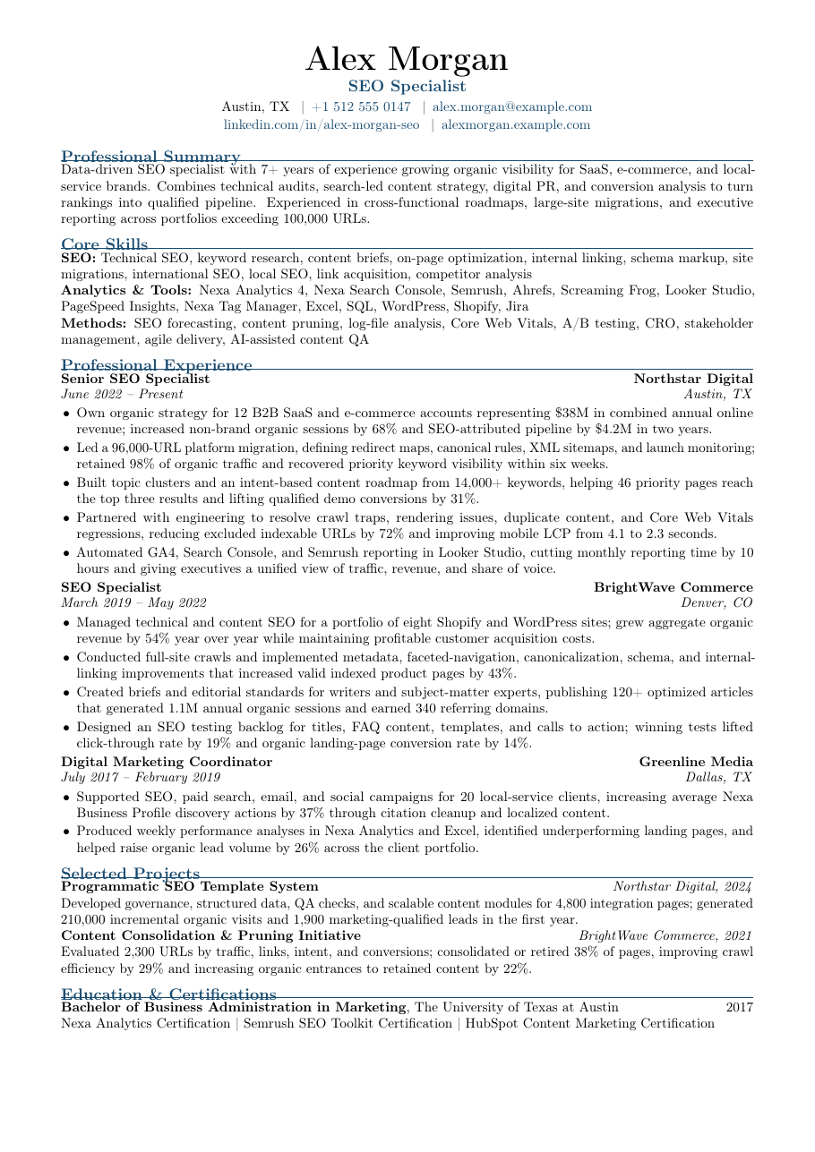 SEO Specialist Resume LaTeX template — first page preview