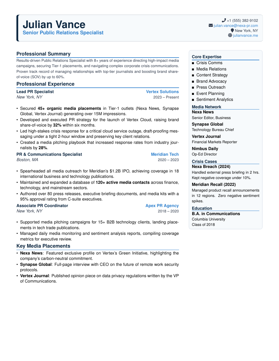 Public Relations (PR) Specialist Resume LaTeX template — first page preview