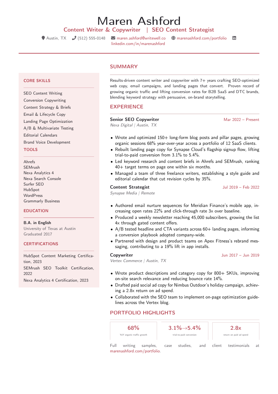 Content Writer & Copywriter Resume LaTeX template — first page preview