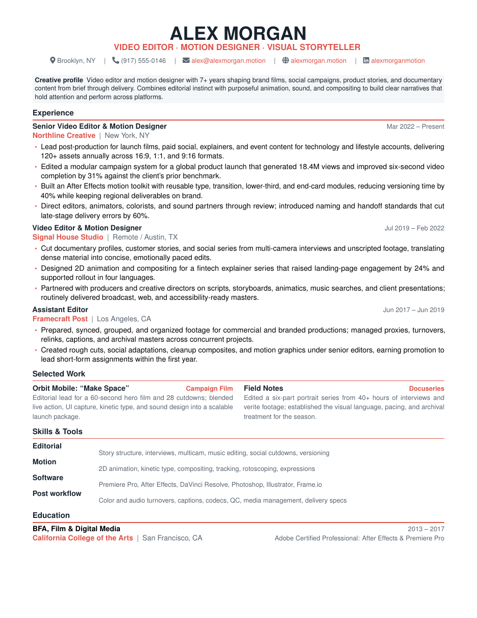 Video Editor & Motion Designer Resume LaTeX template — first page preview