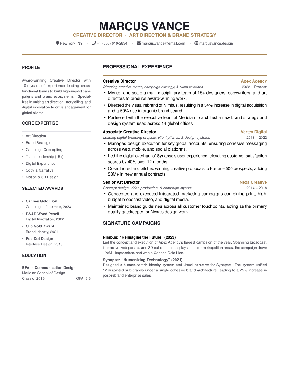 Creative Director CV LaTeX template — first page preview
