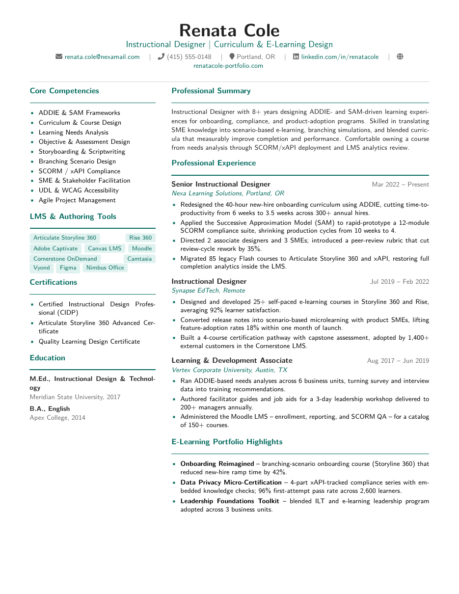 Instructional Designer Resume LaTeX template — first page preview