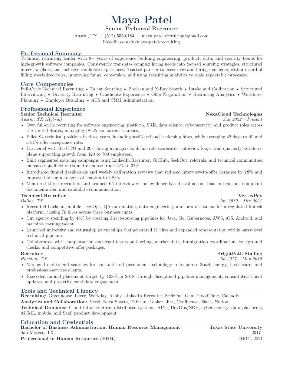 Technical Recruiter Resume LaTeX template — first page preview