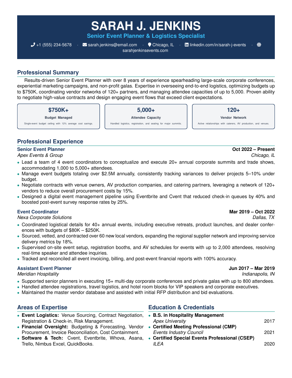 Event Planner Resume LaTeX template — first page preview