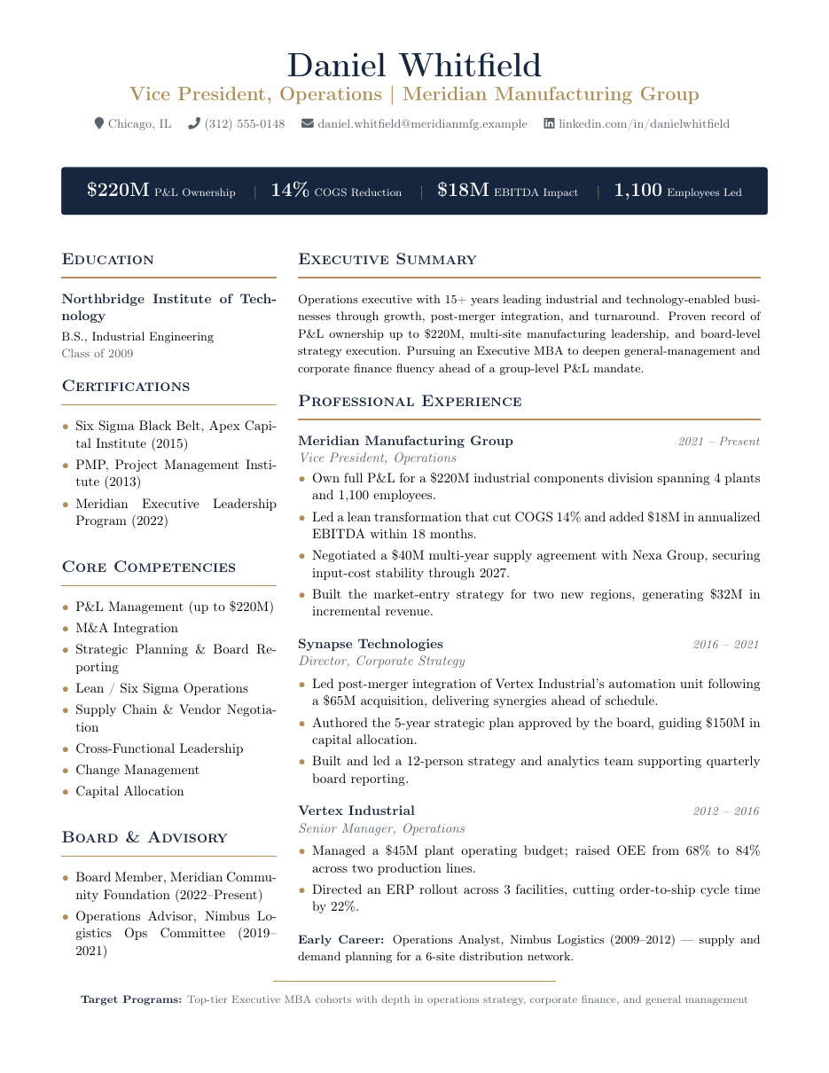 Executive MBA CV LaTeX template — first page preview