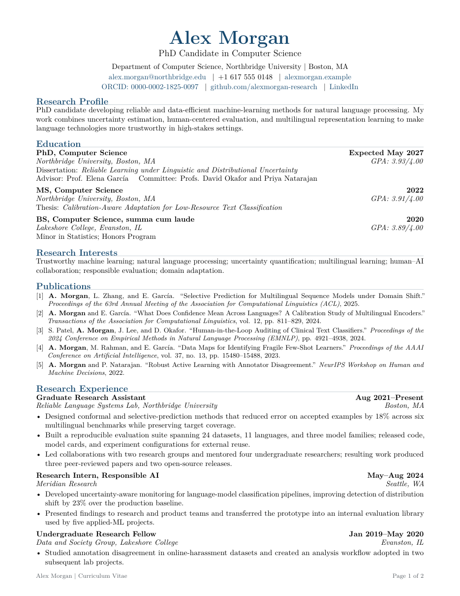 PhD Candidate CV LaTeX template — first page preview
