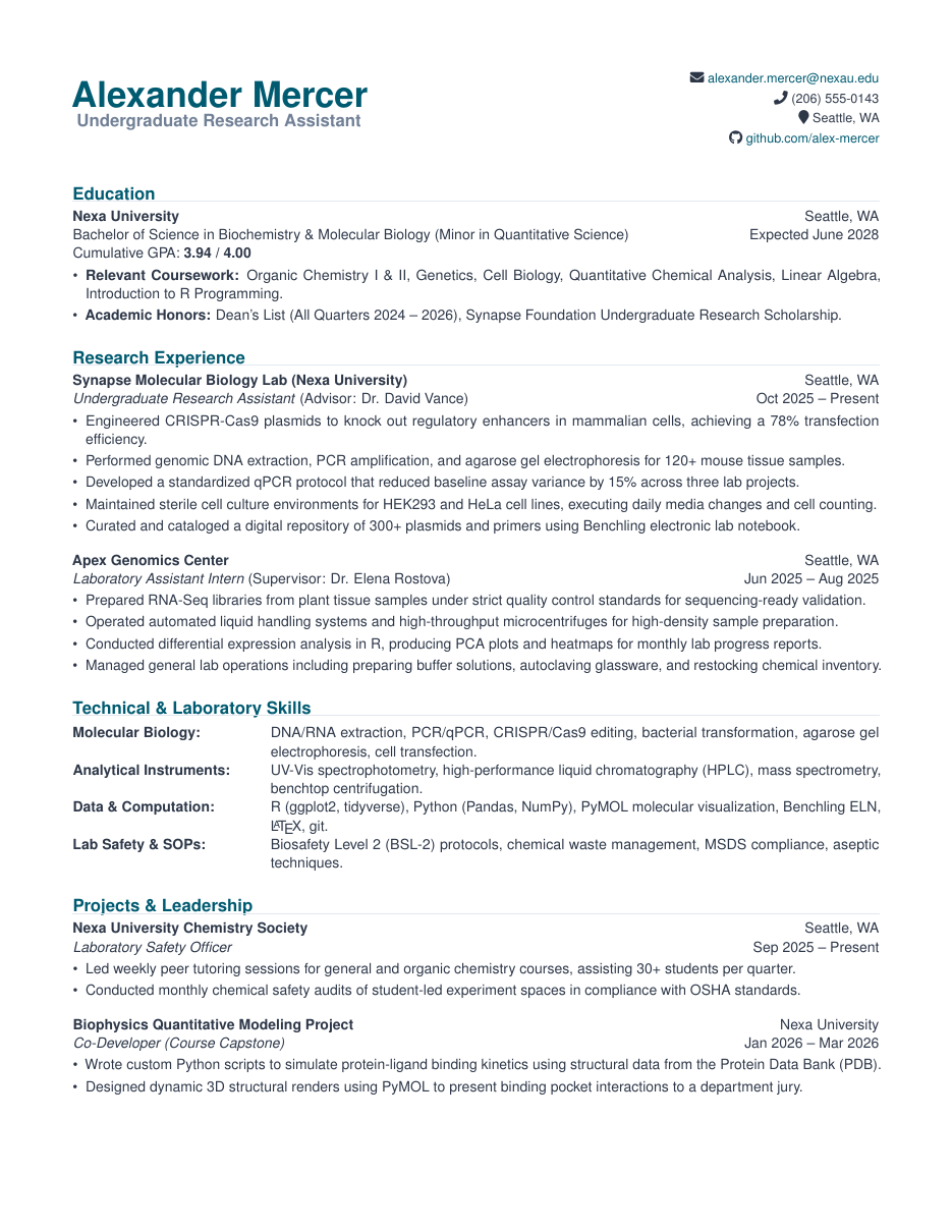 Undergraduate Research Assistant CV LaTeX template — first page preview