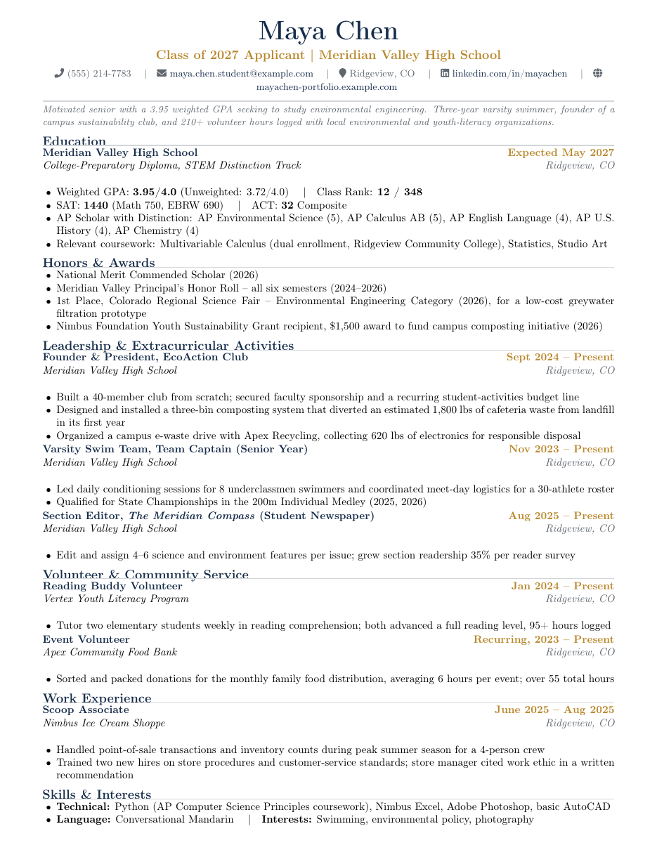 High School Student College Application Resume LaTeX template — first page preview