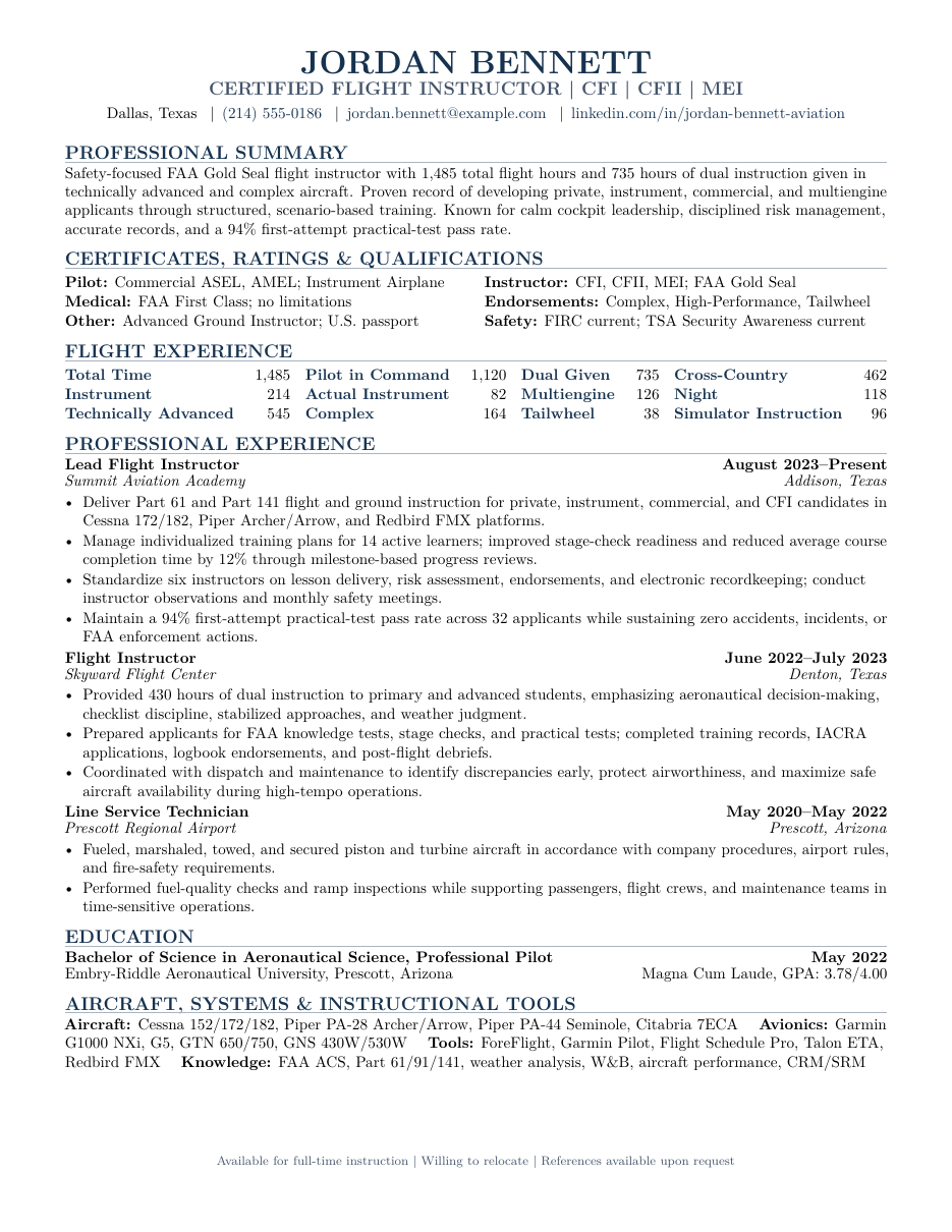 Flight Instructor Resume LaTeX template — first page preview
