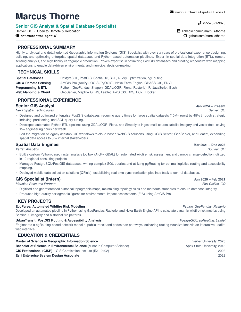 GIS Analyst Resume LaTeX template — first page preview