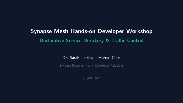 Developer Workshop Hands-on Tutorial Deck LaTeX template — first page preview