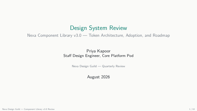 Design System Review Presentation LaTeX template — first page preview