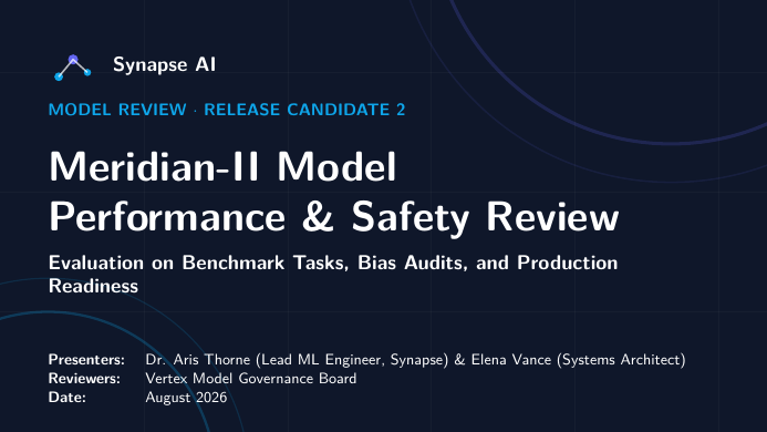 Machine Learning Model Review Presentation LaTeX template — first page preview