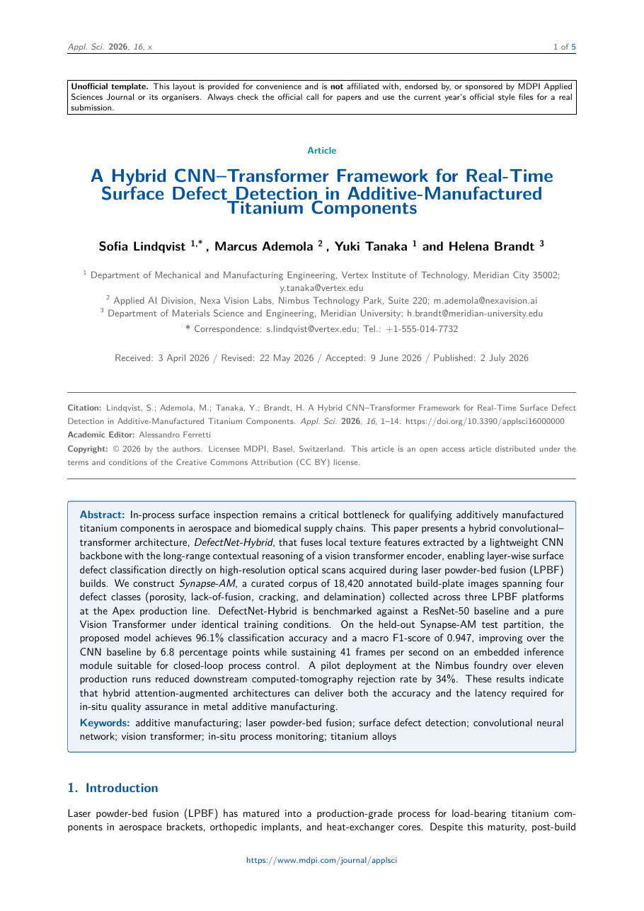 MDPI Applied Sciences Journal Template LaTeX template — first page preview