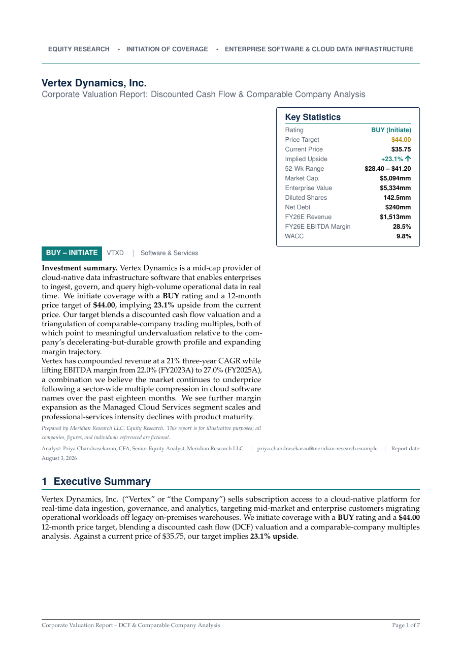 Corporate Valuation Report (DCF & Comps) LaTeX template — first page preview