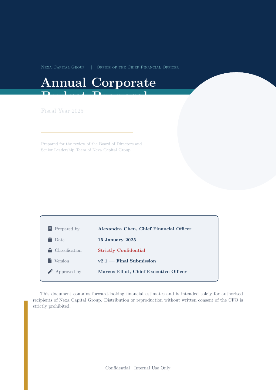 Annual Corporate Budget Proposal LaTeX template — first page preview