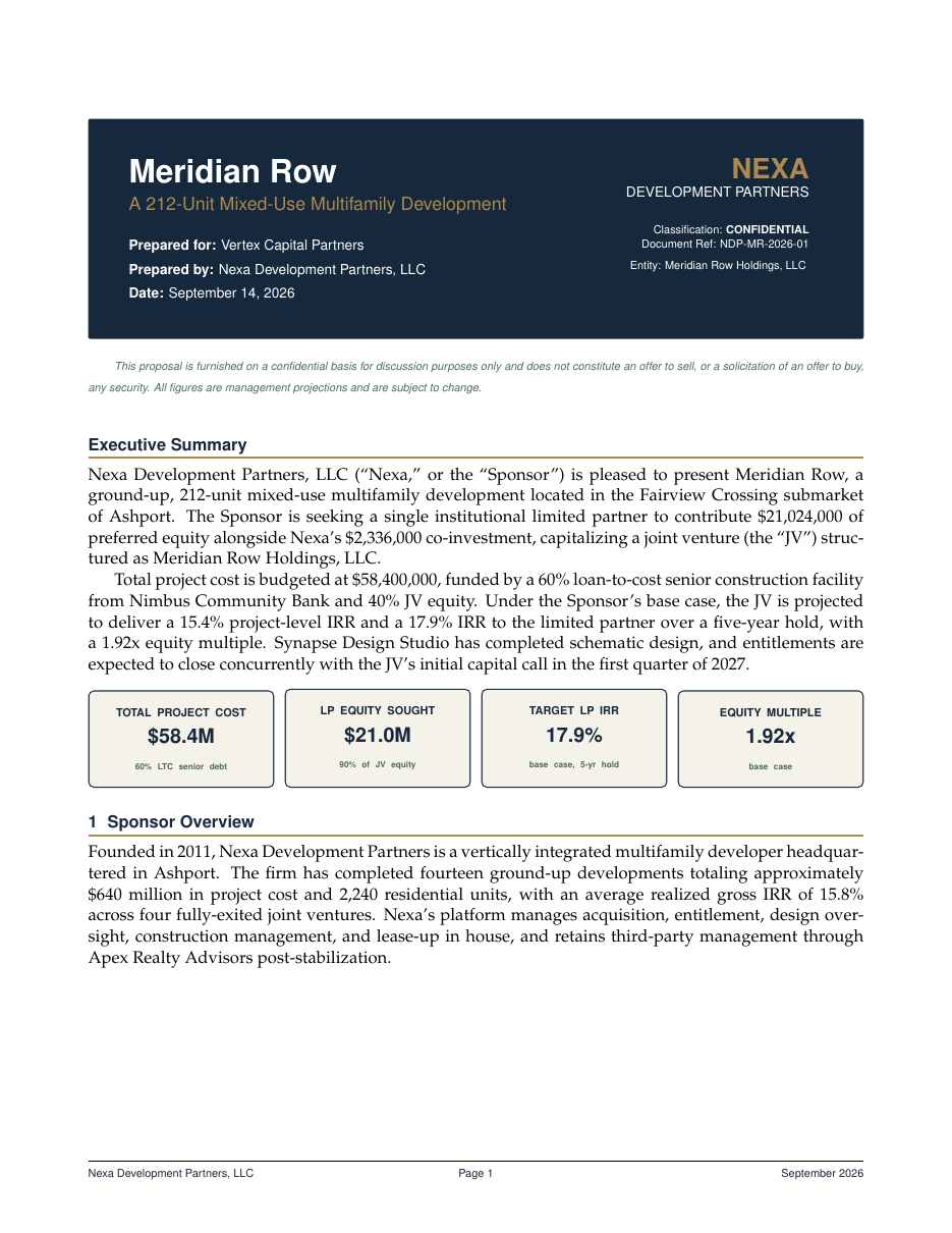 Real Estate Joint Venture (JV) Proposal LaTeX template — first page preview