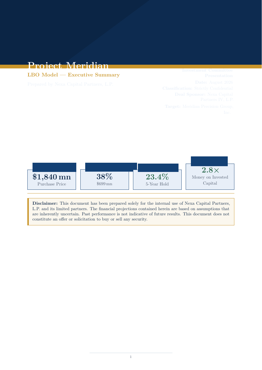 LBO (Leveraged Buyout) Model Executive Summary LaTeX template — first page preview