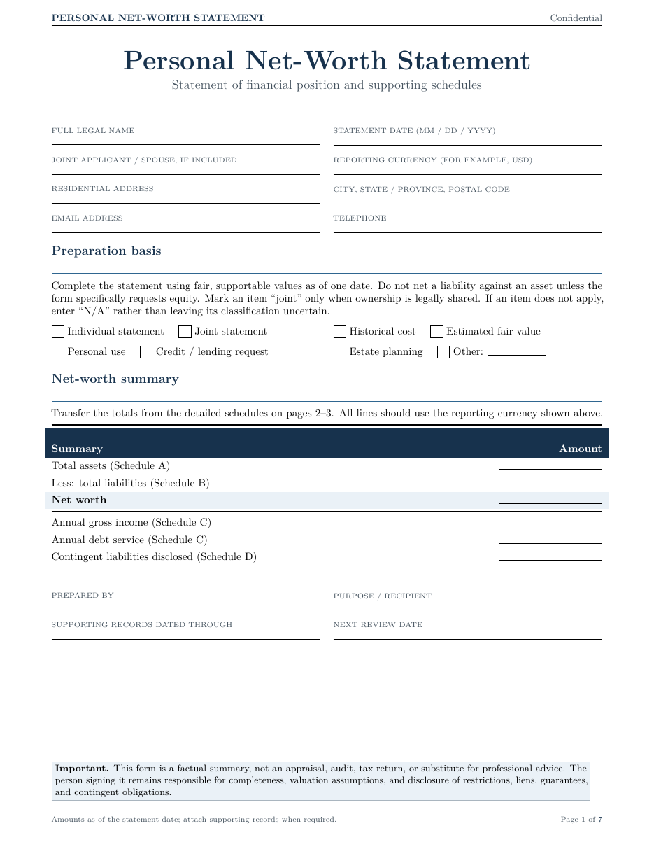 Personal Net Worth Statement LaTeX template — first page preview