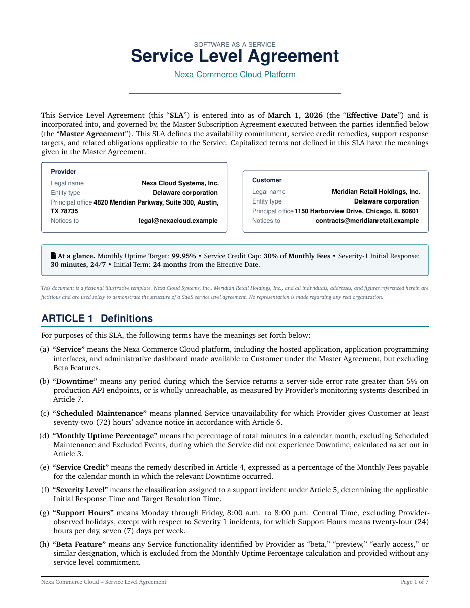 Software SaaS Service Level Agreement (SLA) LaTeX template — first page preview