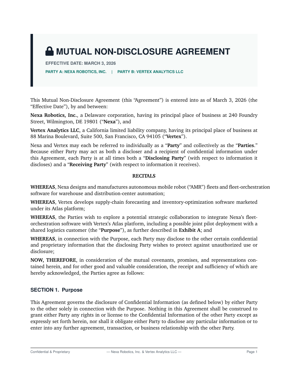 Mutual Non-Disclosure Agreement (MNDA) LaTeX template — first page preview