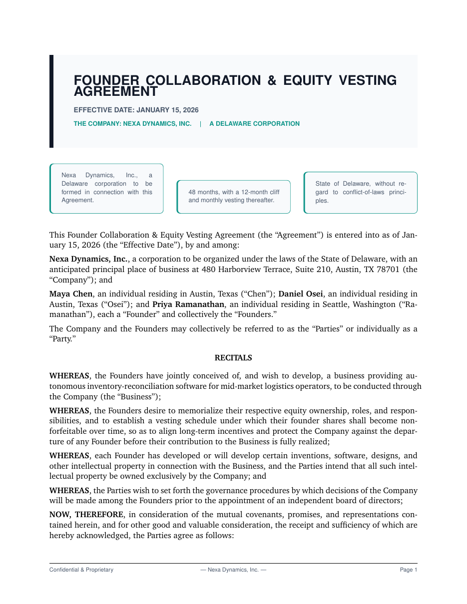 Founder Collaboration and Equity Vesting Agreement LaTeX template — first page preview