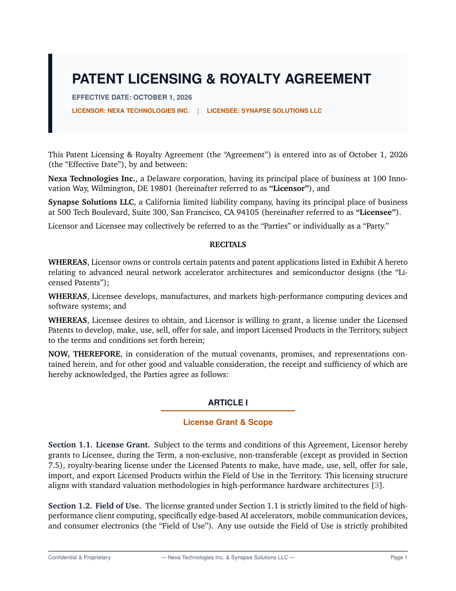 Patent Licensing & Royalty Agreement LaTeX template — first page preview