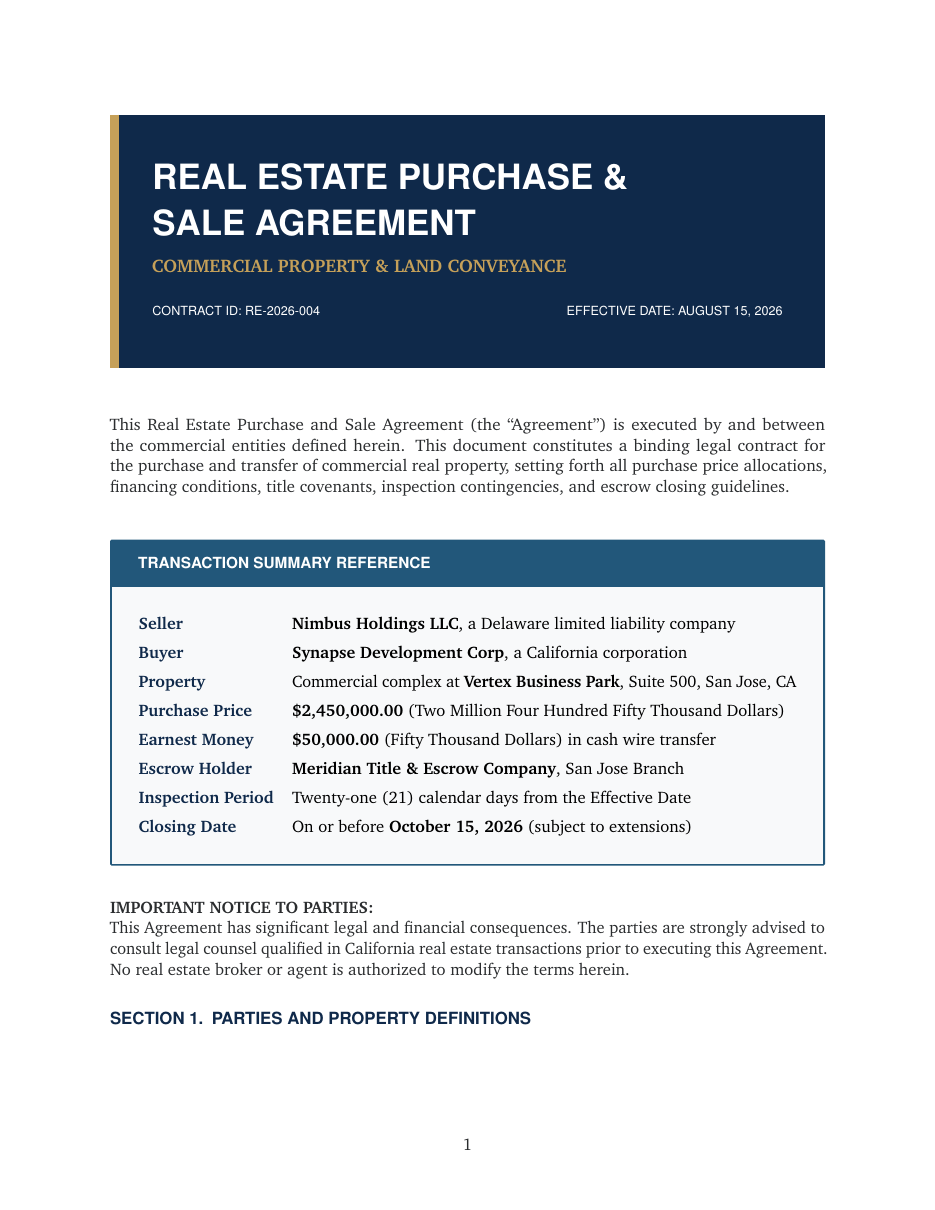 Real Estate Purchase and Sale Agreement LaTeX template — first page preview