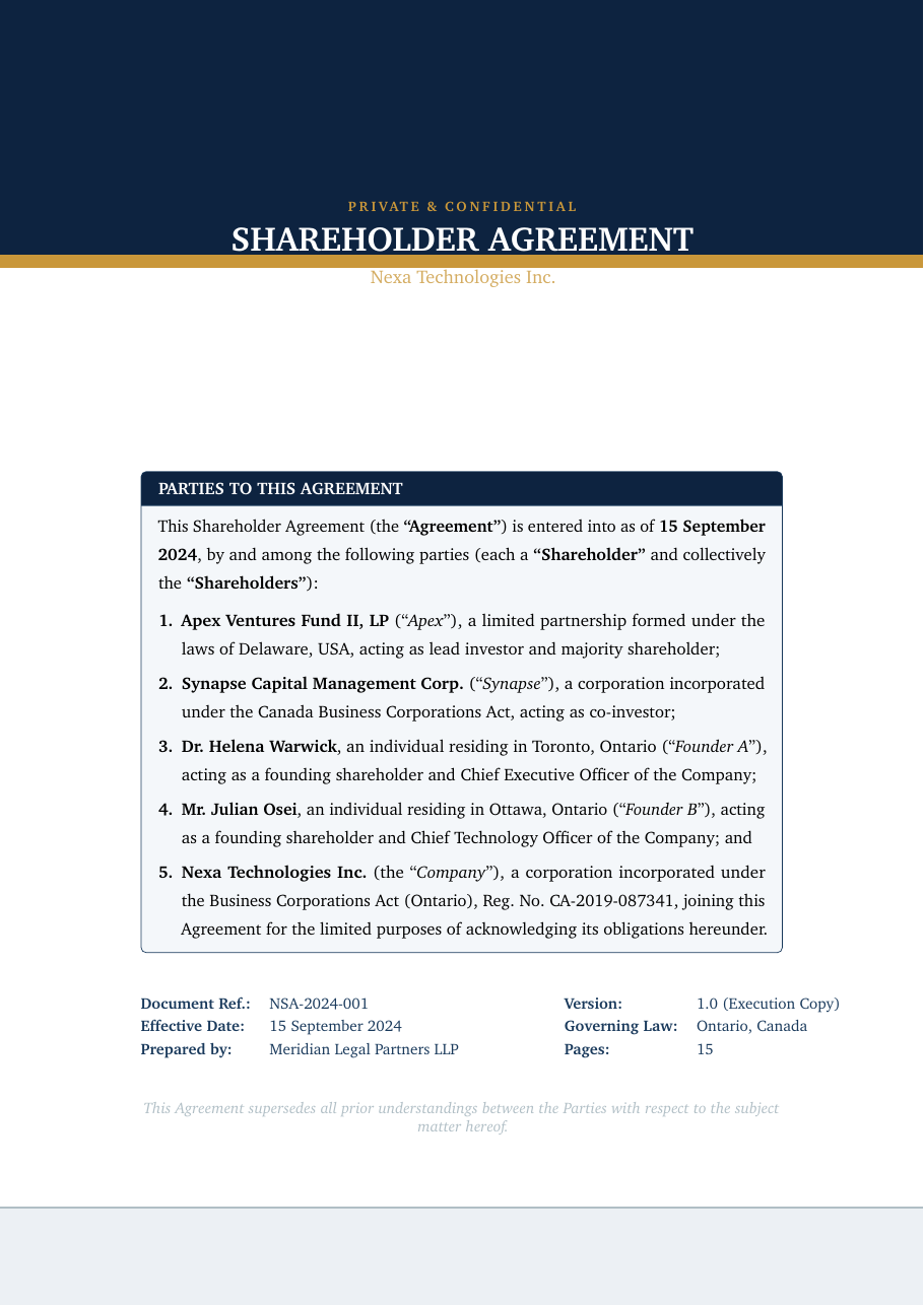 Corporate Shareholder Agreement LaTeX template — first page preview