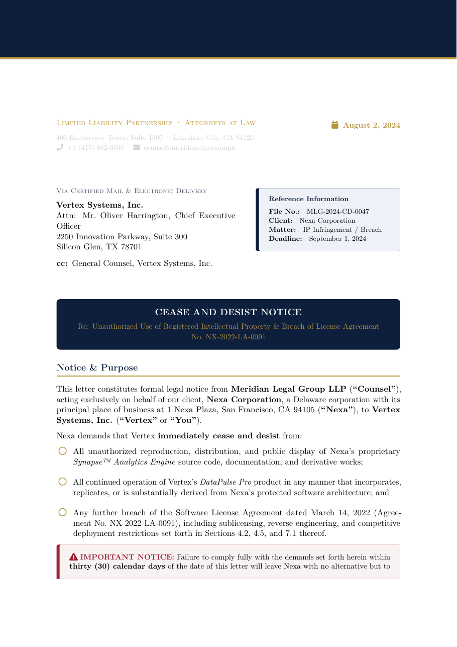Cease and Desist Letter LaTeX template — first page preview