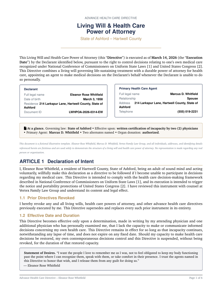 Living Will & Healthcare Power of Attorney LaTeX template — first page preview