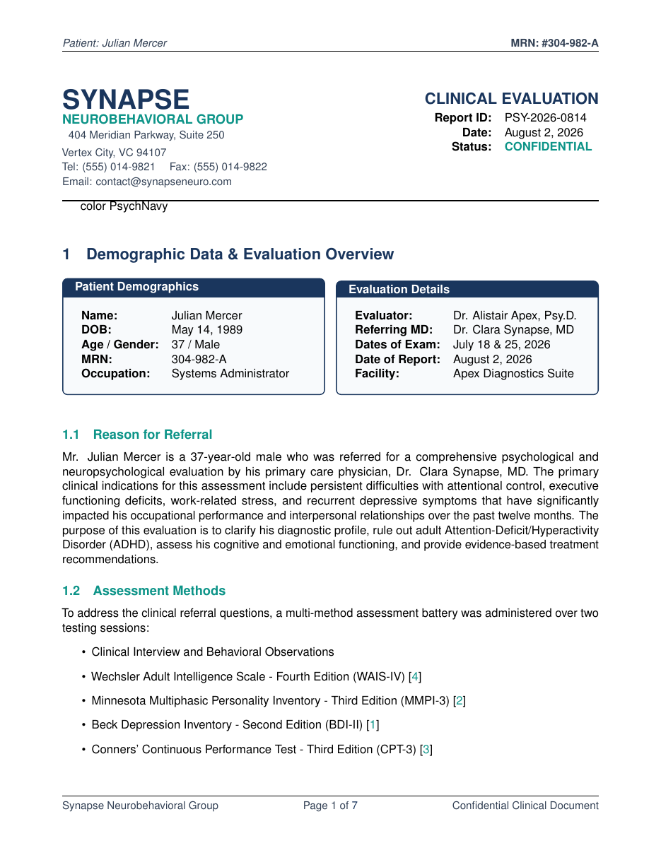 Psychological Diagnostic and Evaluation Report LaTeX template — first page preview